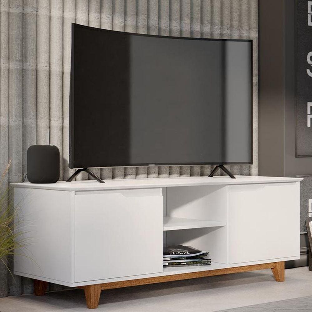 Rack Bancada Flow 2 Portas Com Pés De Madeira Maciça Branco/freijo Branco/freijo