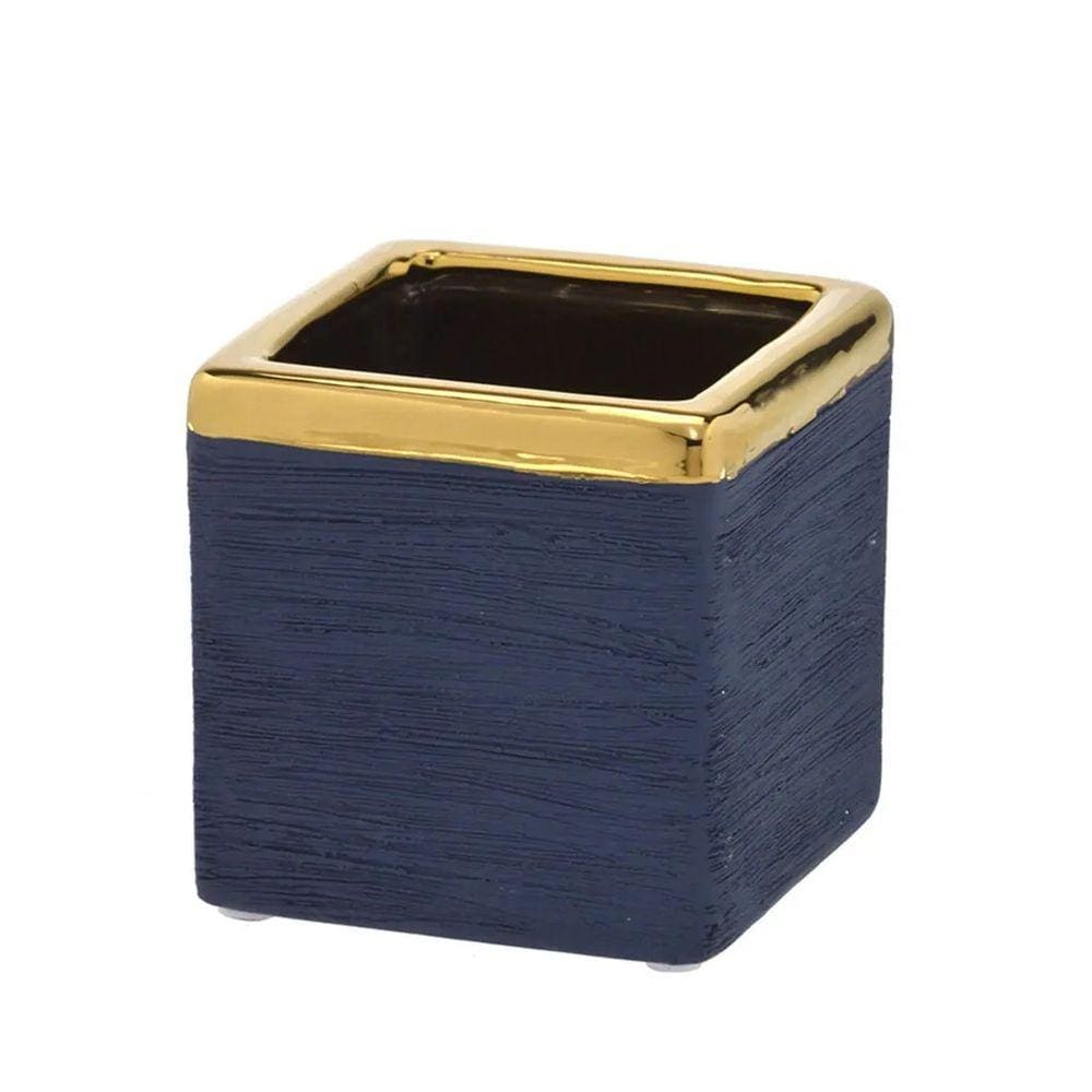 Cachepot Decorativo Ceramica Azul borda Dourada 10x10