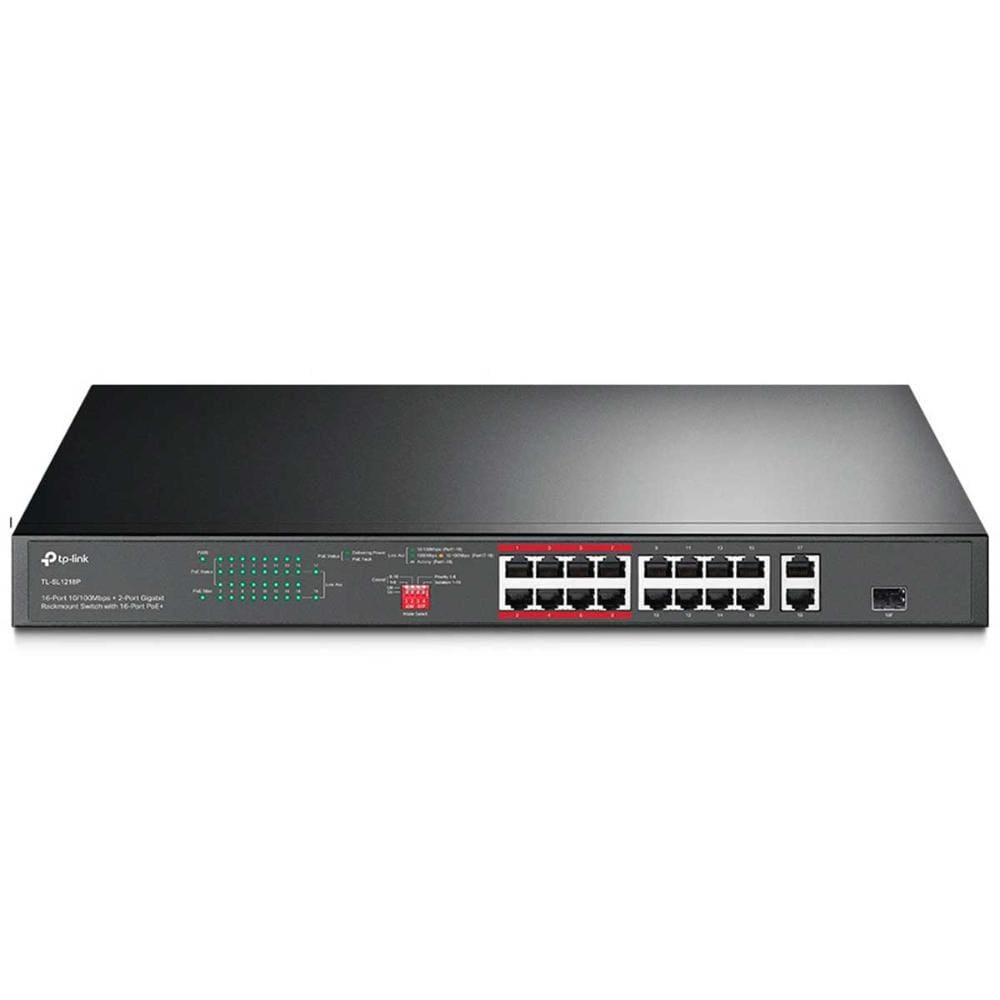 Switch 16 Portas TP-Link TL-SL1218P - 16 Portas PoE - 2 Portas Gigabit - 1 Porta SFP