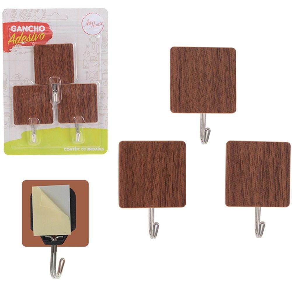 Kit 3 Ganchos Adesivo Para Parede Quadrado De Plastico - Marrom