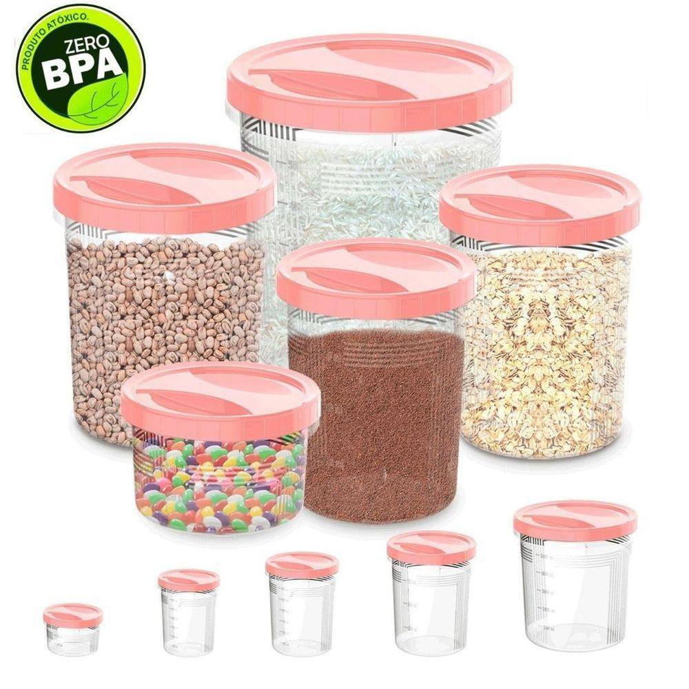 Kit 5 Potes Com Tampa Armazenamento Para Alimentos Rosa