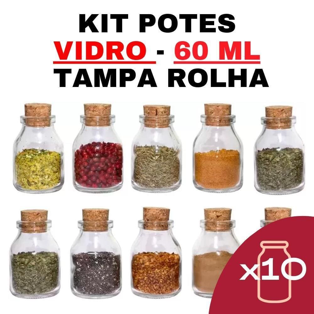 Kit 10 Potes Vidro Com Rolha 60Ml Frascos Temperos Essência