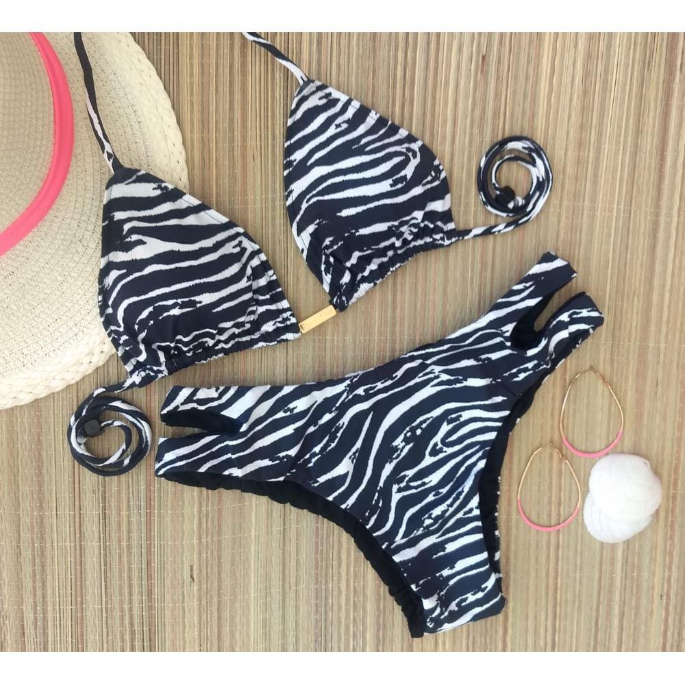 Conjunto Cortininha Resort Com Tanga Dupla Face - Zebra