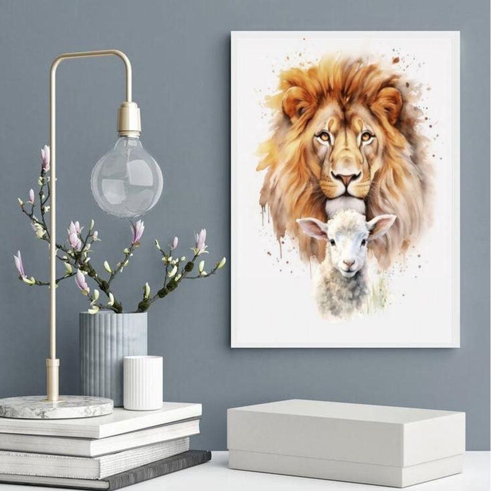Quadro Decorativo Leão Com Cordeiro Aquarela 45X34Cm - Vidro