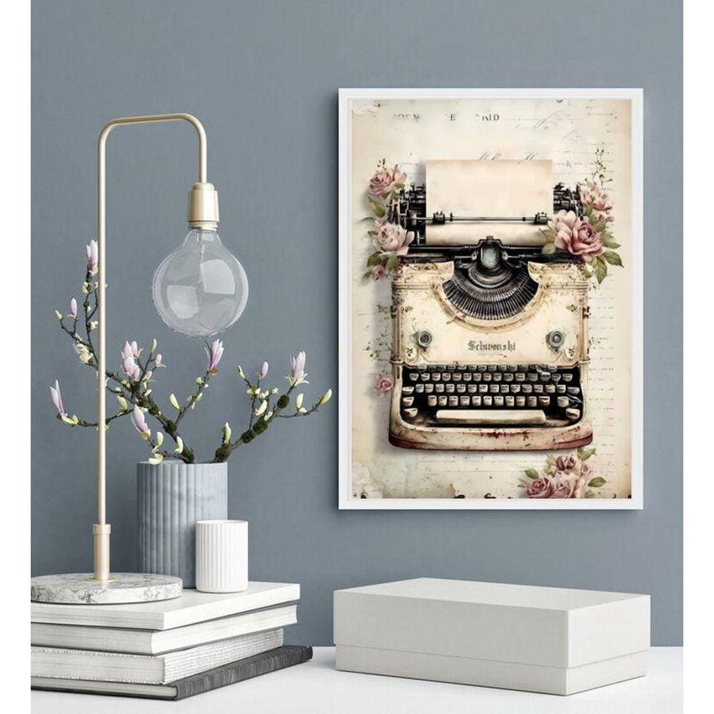 Quadro Decorativo Máquina De Escrever Com Flores 45X34Cm