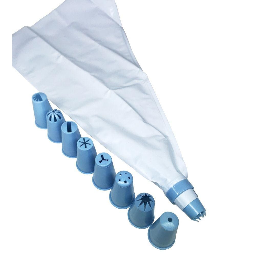 Bico Para Confeitar Bolos Com 09 Bicos Anel E Saco Manga Decor-Útil Azul Claro