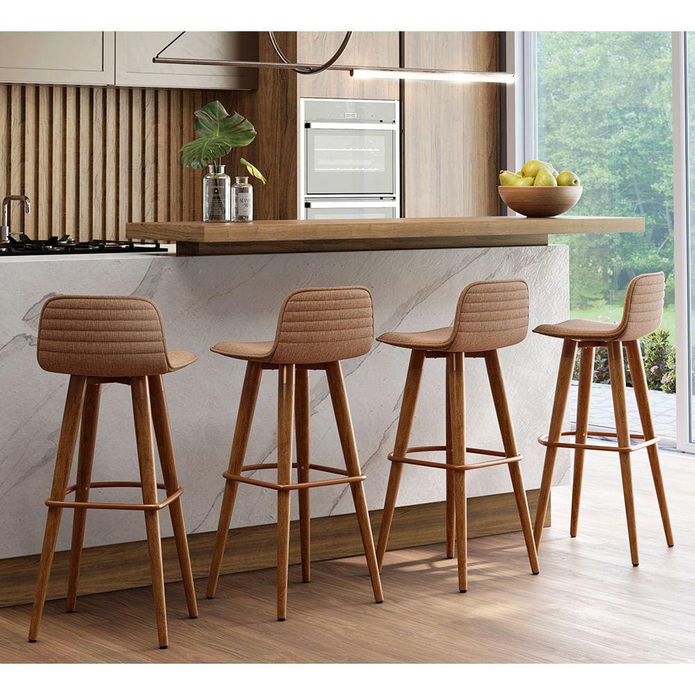 Kit 4 Banquetas Altas Luxo Linea Aço Cobre Linho Terracota Base Carvalho