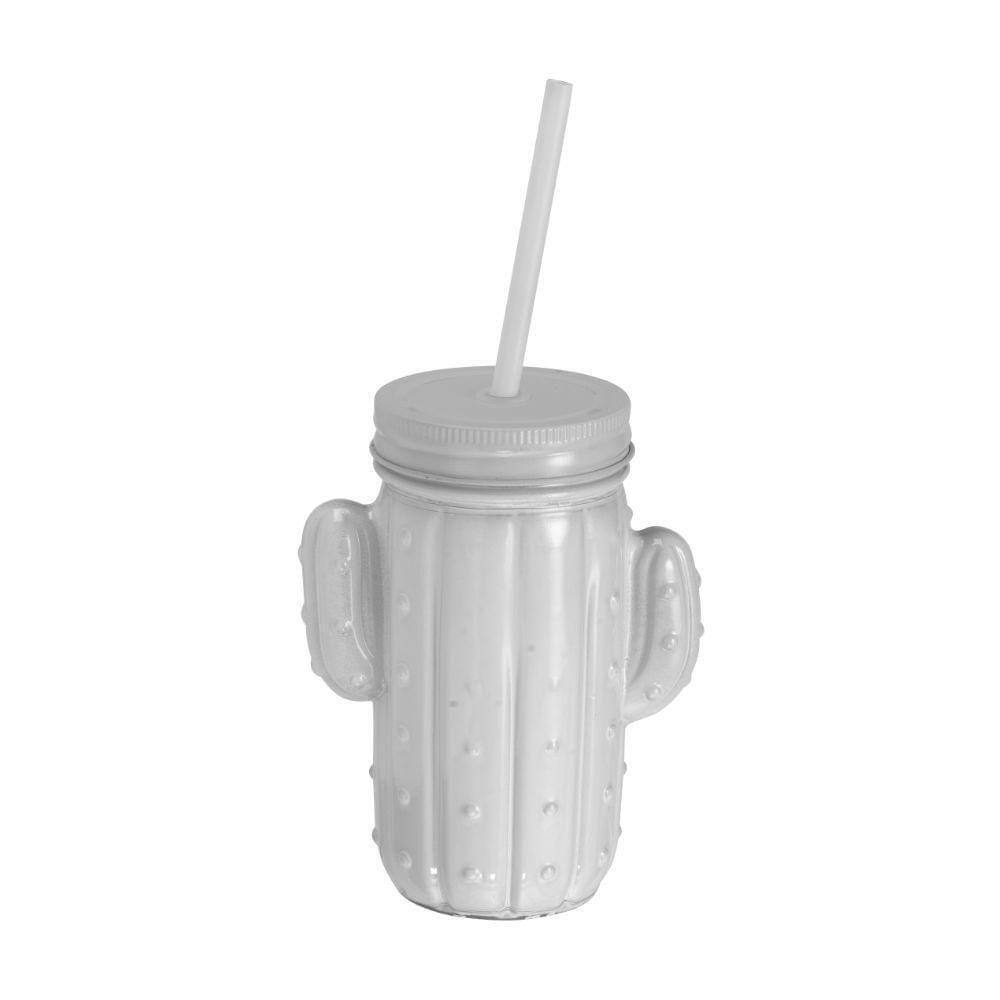 Copo De Vidro Com Tampa E Canudo Cactos Branco 400 Ml