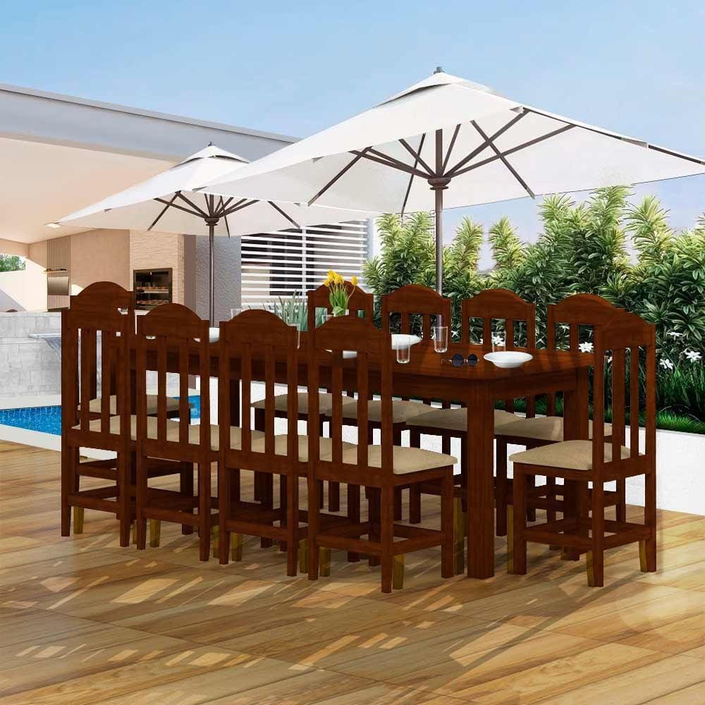 Mesa de Jantar com 10 Cadeiras Estofadas - Castanho
