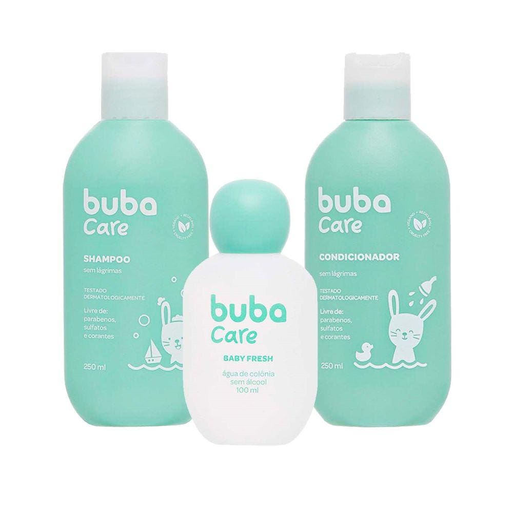 Kit Limpeza Banho Bebê Shampoo Condicionador 250ml Colônia 100ml Vegano Buba Care