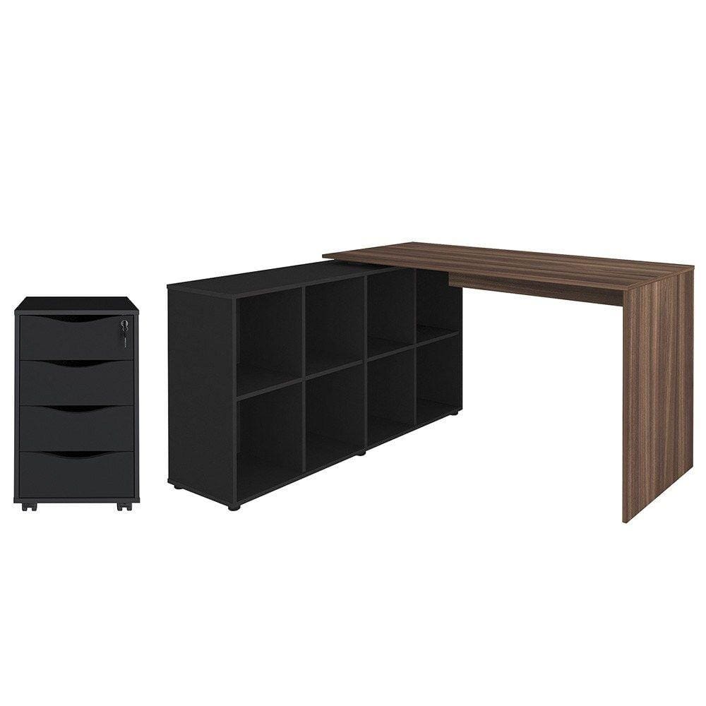 Mesa Escrivaninha em L Eron e Gaveteiro com Rodízios Mity A06 Ipê/Preto - Mpozenato