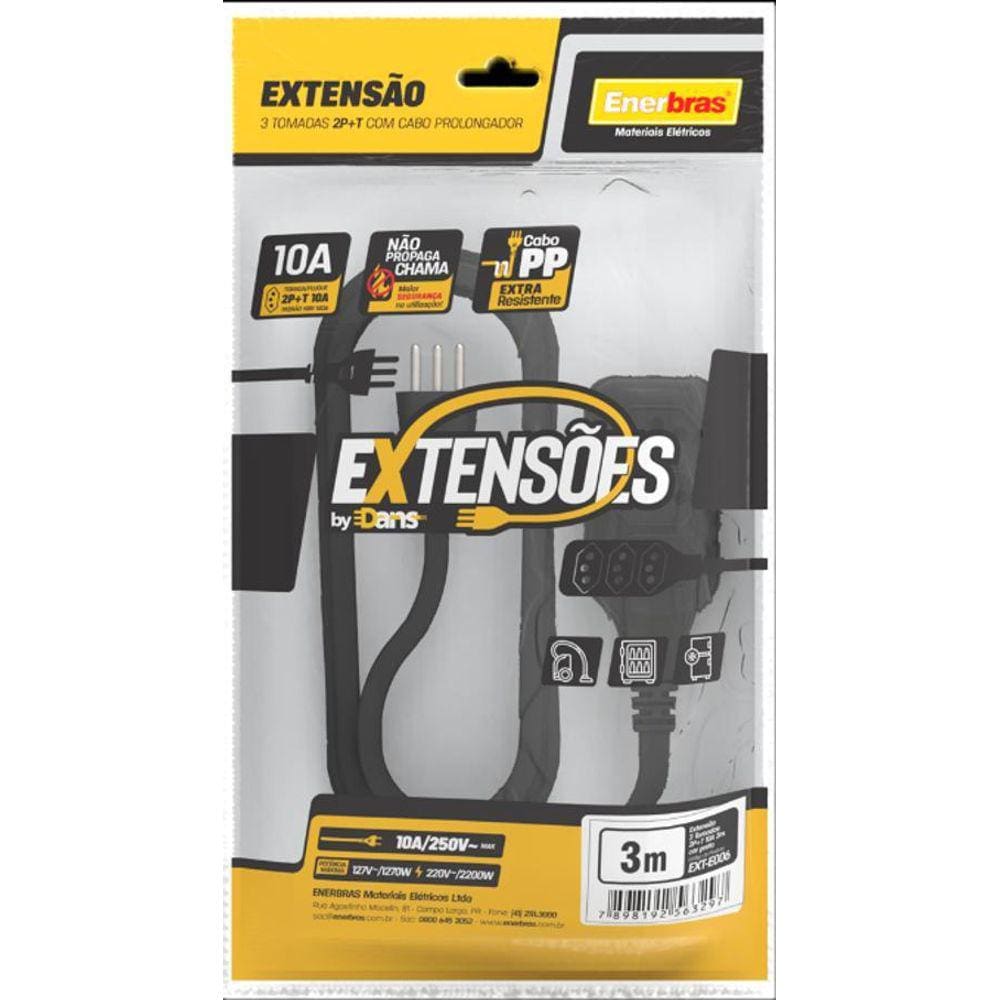 Extensão 3 Tomadas 2P+T 10A Preto 3 Metros Bivolt - Enerbras