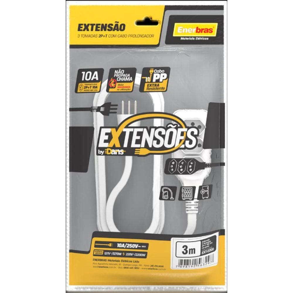 Extensão 3 Tomadas 2P+T 10A Branco 3 Metros Bivolt Enerbras