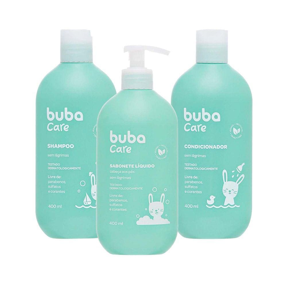 Kit Higiene Banho Bebê Infantil Shampoo Condicionador Sabonete Líquido 400ml Vegano Buba Care
