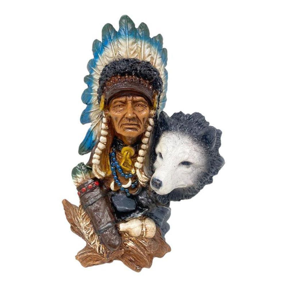 Escultura Índio Xamã Com Lobo Lado Cocar 24 Cm Em Resina