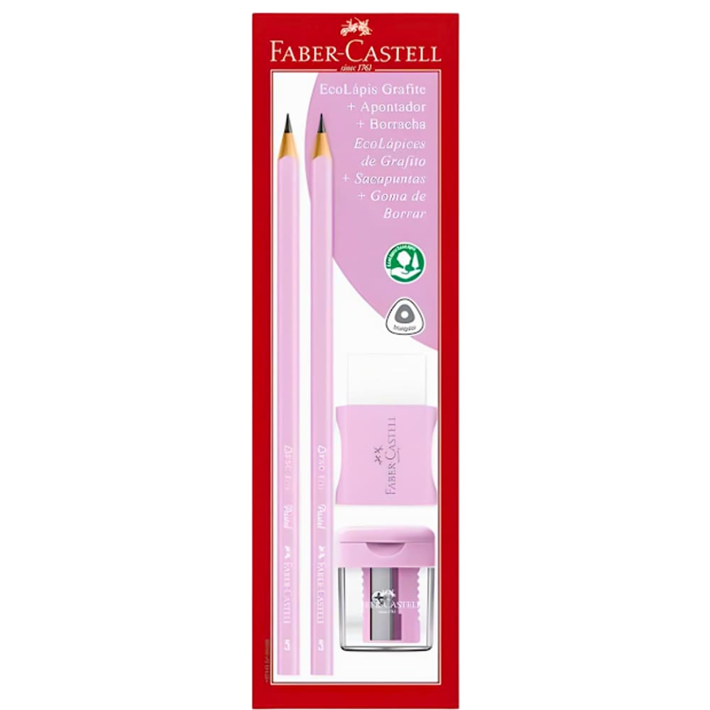 Kit Escolar Rosa Pastel Borracha E Apontador Faber Castell