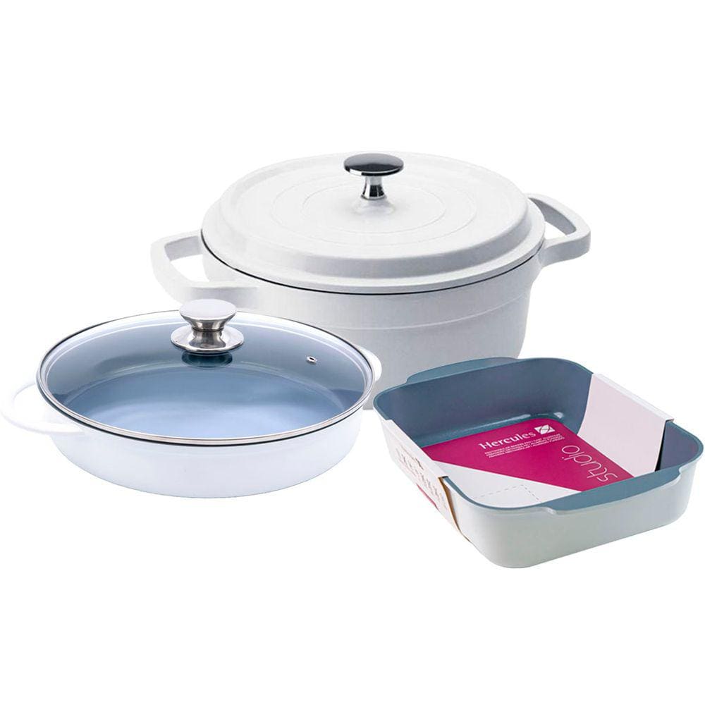 Kit Caçarolas Com Assadeira Hercules Antiaderente Ceramico Branca Grande PA9000