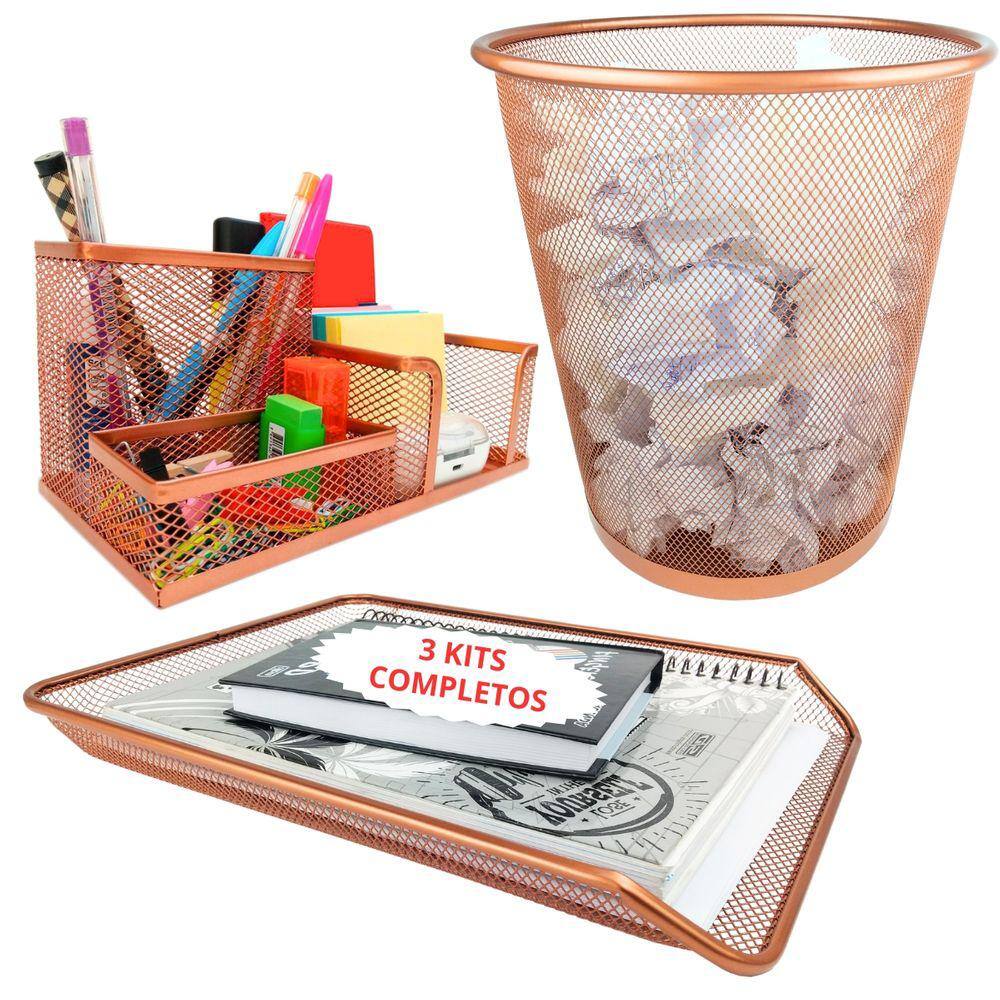 3Kit Escritório Bandeja Organizadora Lixeira Aramada Rose Gold
