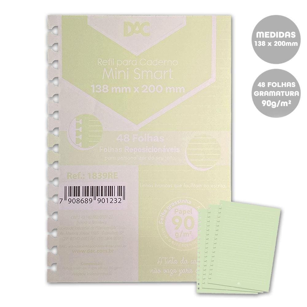 Refil Caderno Mini Smart Verde Linhas Brancas 48Fls 90G/M