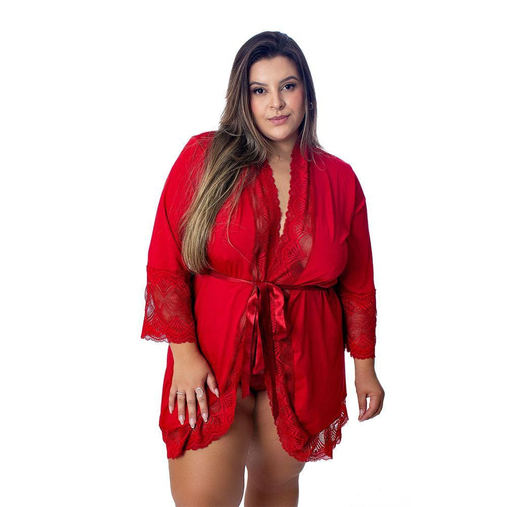 Robe Manga Longa Microfibra Renda Luxo  Plus Size Florallys Vermelho