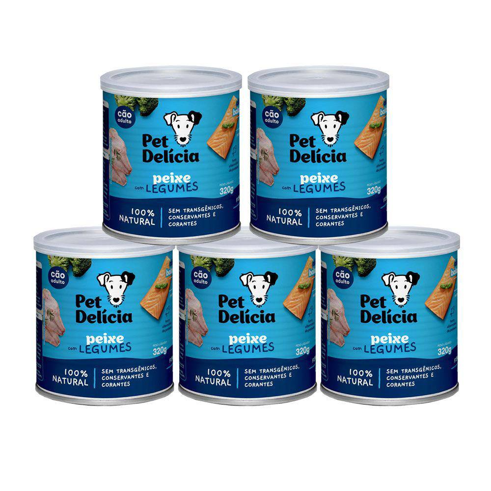 KIT 5 Ração Úmida Natural Pet Delícia Cães Adultos Peixe Com Legumes 320g