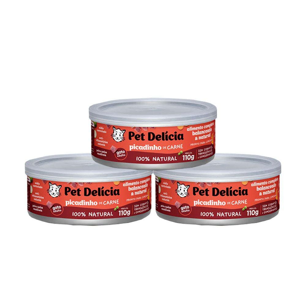 KIT 3 Ração Úmida Pet Delícia Gatos Picadinho de Carne 110g