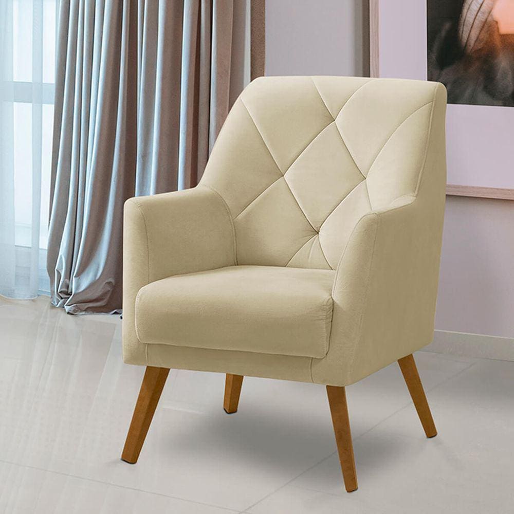 Poltrona Decorativa Bordada Magali Veludo Bege LANSOFBR