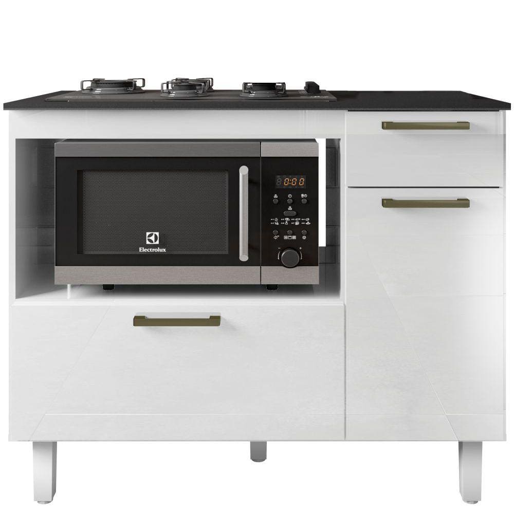 Balcão de Cozinha para Cooktop 5 bocas Forno e Micro-ondas Zanzini Master com 2 portas 1 gaveta Branco Lacca