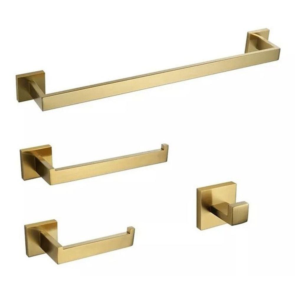 Kit Acessórios Para Banheiro Quadrado Dourado Gold 4 Peças