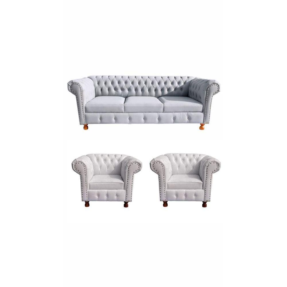 Um Sofá Luiz XV 2,00cm + Duas Poltronas Chesterfield Luiz XV Corano Branco