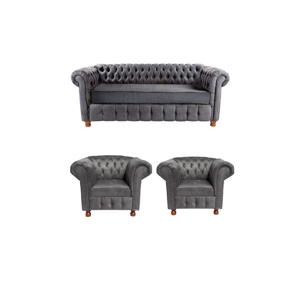 Um Sofá 230M + Duas Poltronas Chesterfield Luiz XV Suede Cinza Camuça /barbearia, casa, decoração,recepção, sala, escritorio