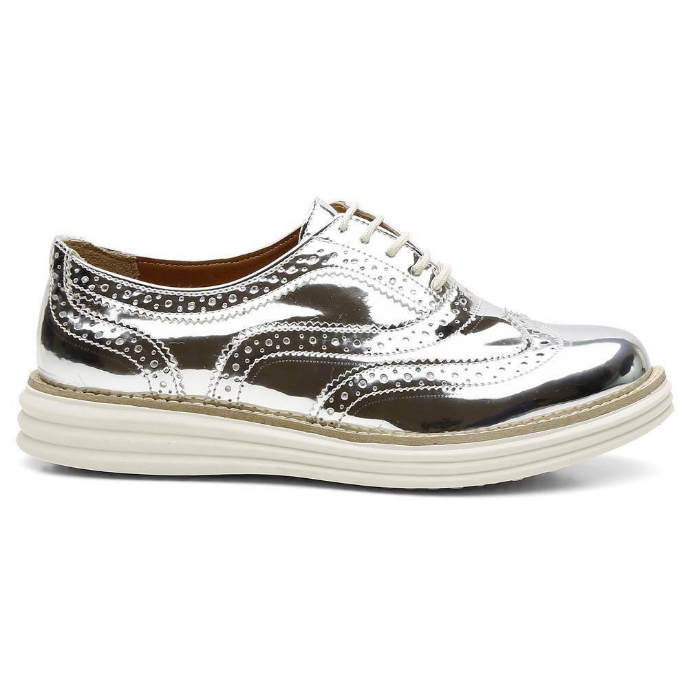 Sapato Derby Feminino Brogue Metalizado Conforto Elegante
