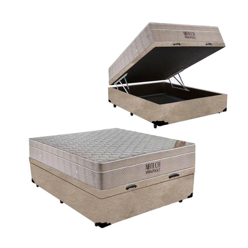 Cama Box Baú Casal + Colchão de Molas Ensacadas Ortobom Airtech Bege 138cm - Suporta até 150 Kg Por Pessoa