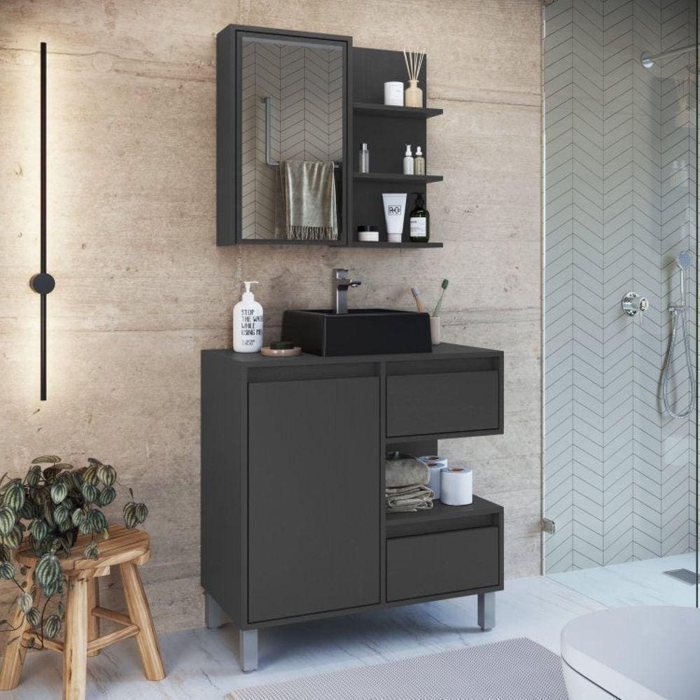 Gabinete de Banheiro 80cm Paula com Espelheira 01 Porta e Cuba Preta Grafite