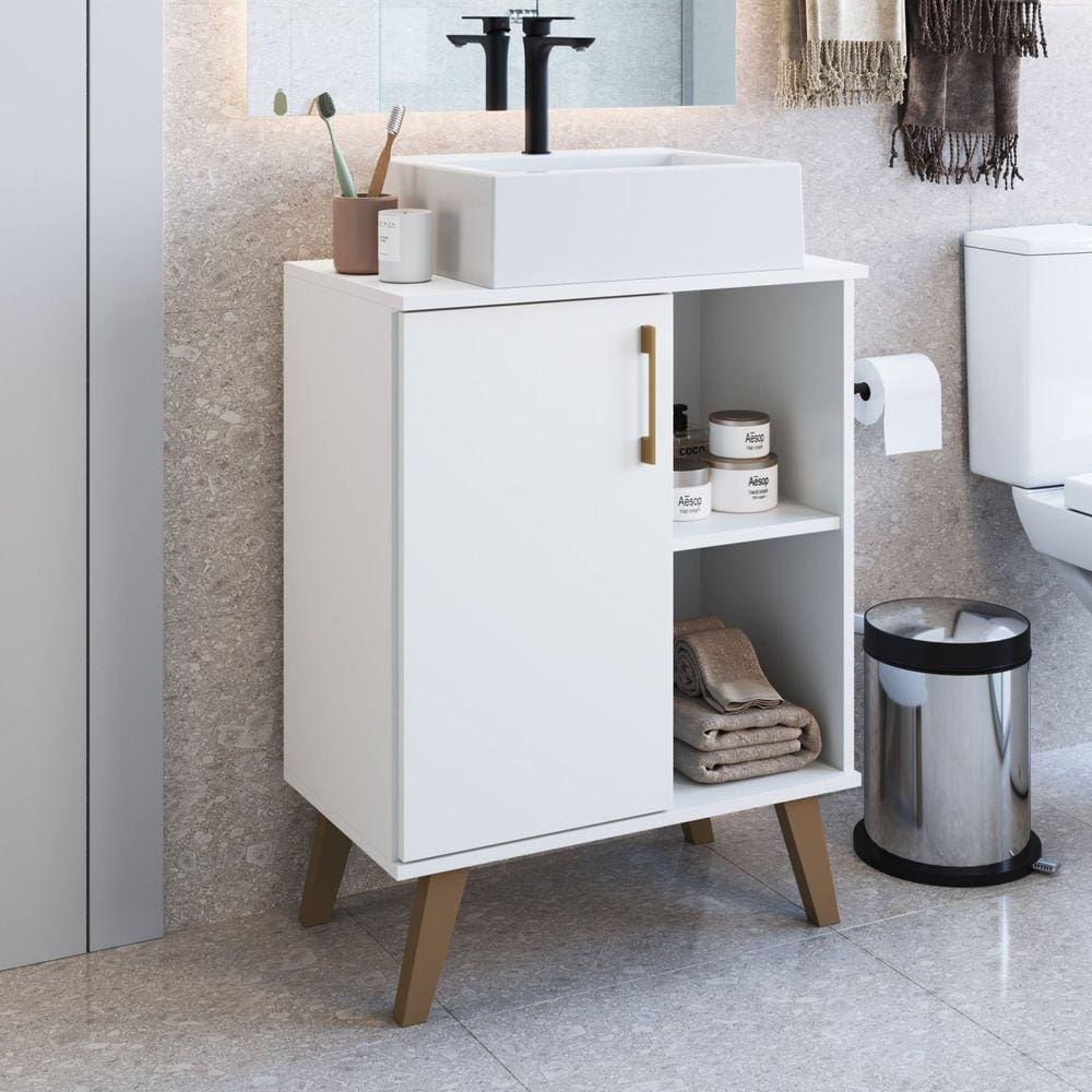 Gabinete para Banheiro 60cm com 1 Porta e 2 Prateleiras Ba305 sem Cuba Branco