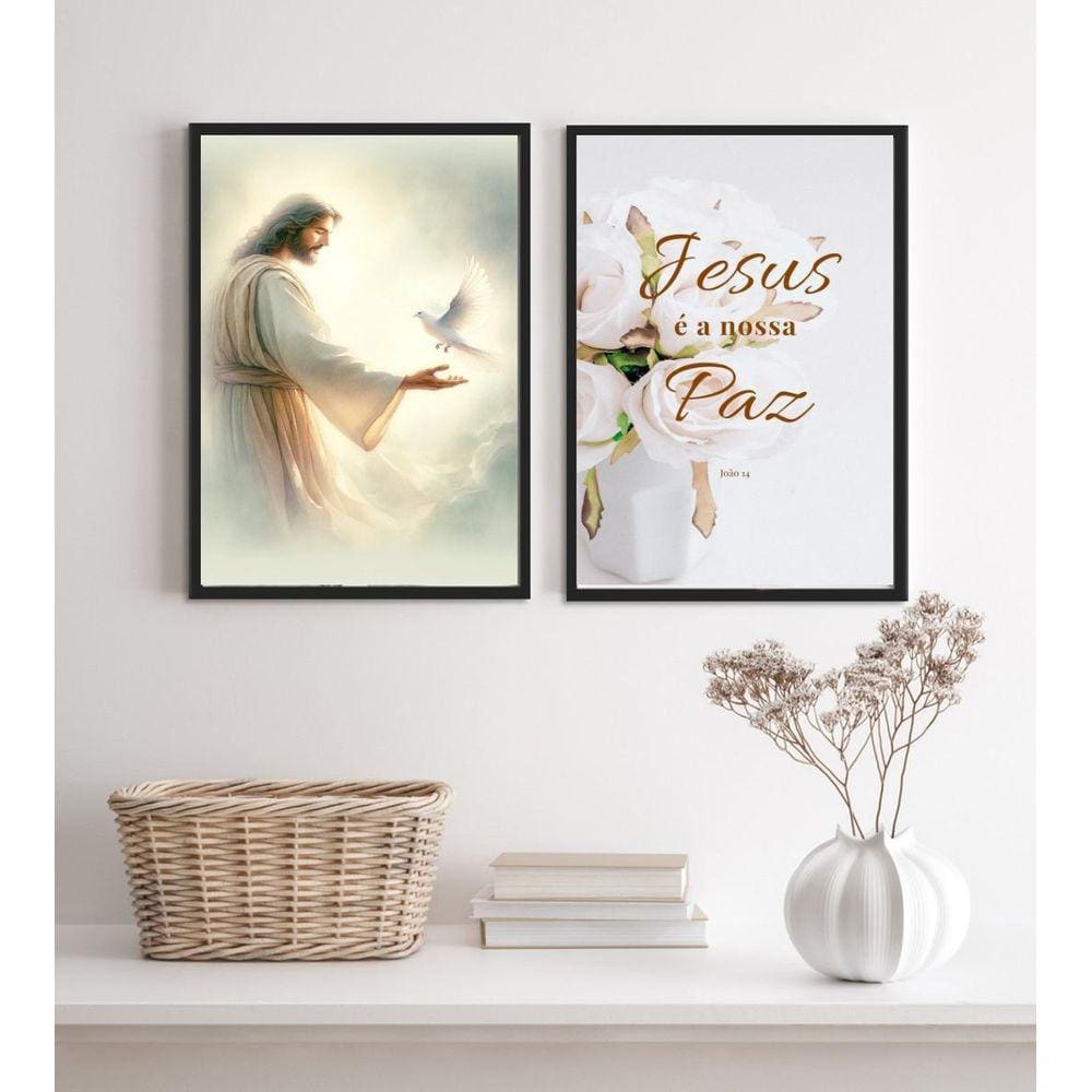 Kit 2 Quadros Cristãos Jesus É A Nossa Paz 45X34Cm - Vidro