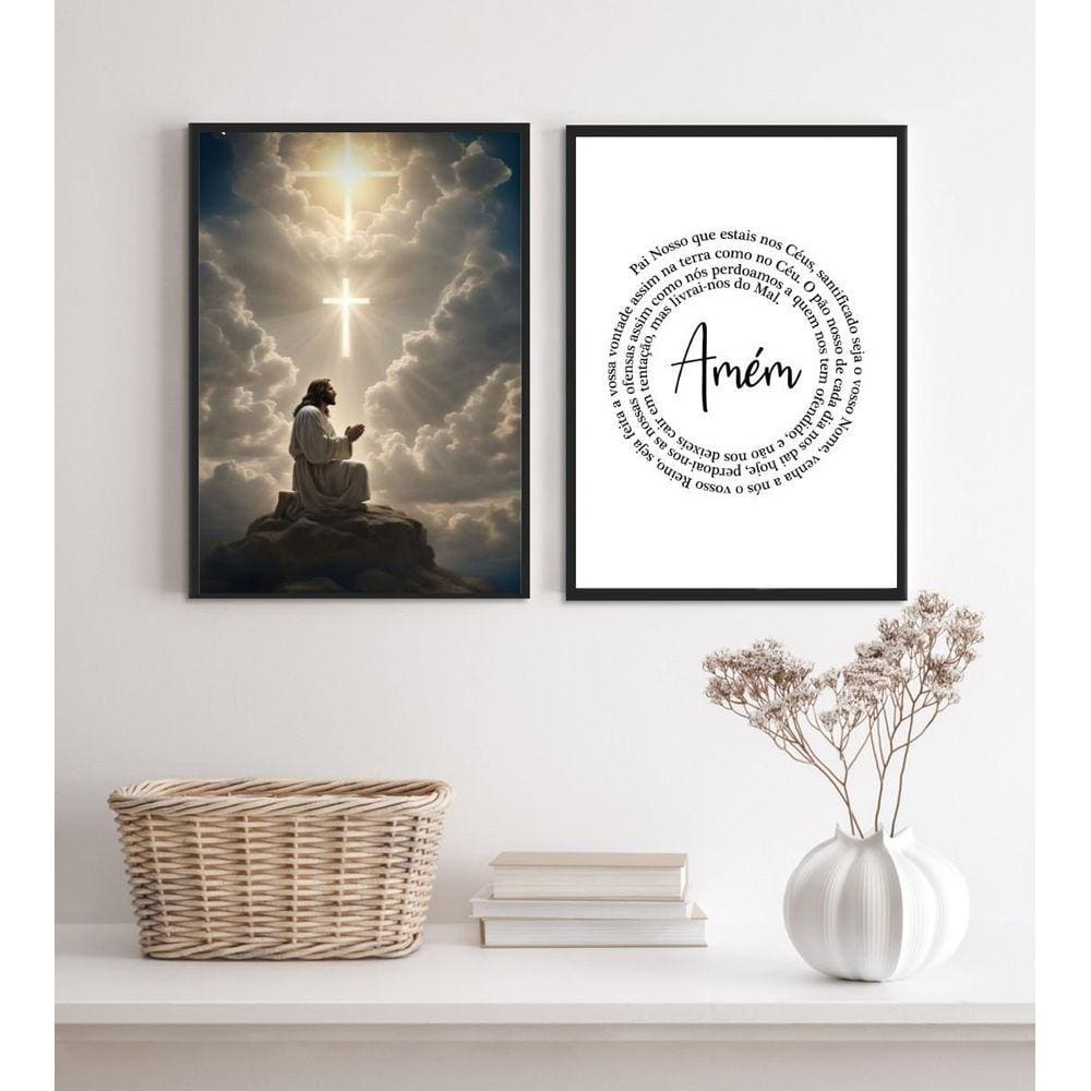 Kit 2 Quadros Jesus Orando- Pai Nosso 24X18Cm - Com Vidro