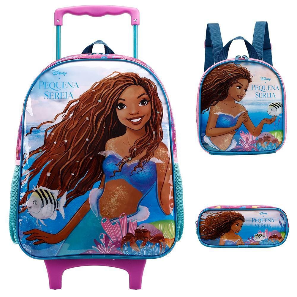Kit Mochila Rodas Lancheira Estojo XeryusPequena Sereia Rosa