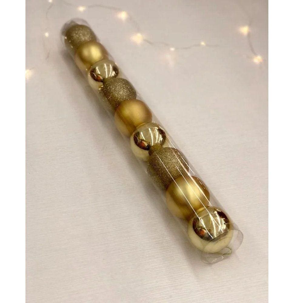Jogo 9 Bolas Natal Mista Lisa, Glitter E Fosca Dourada 6cm