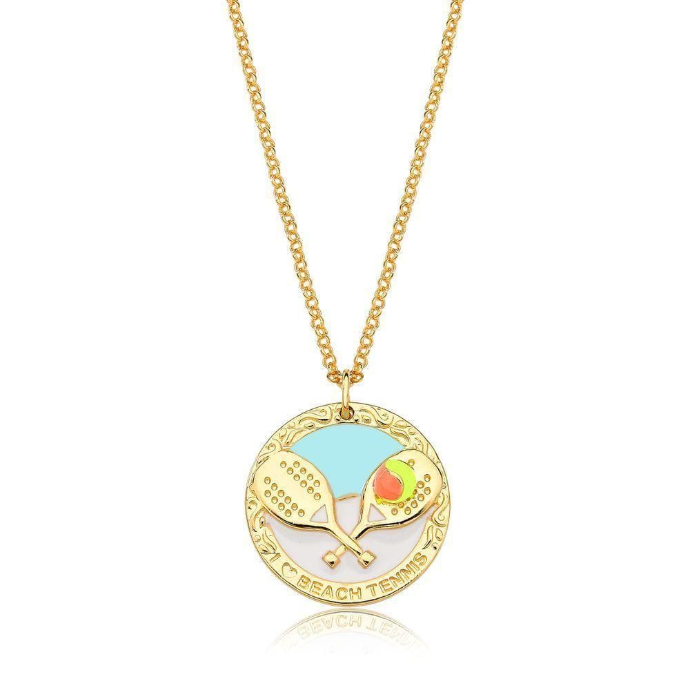 Colar Medalha Esmaltada Beach Tennis Revestido Em Ouro