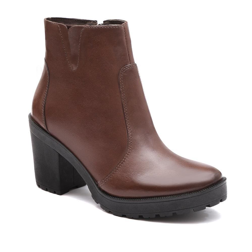 Bota Casual Feminina Couro Salto Grosso Zíper Lisa Conforto