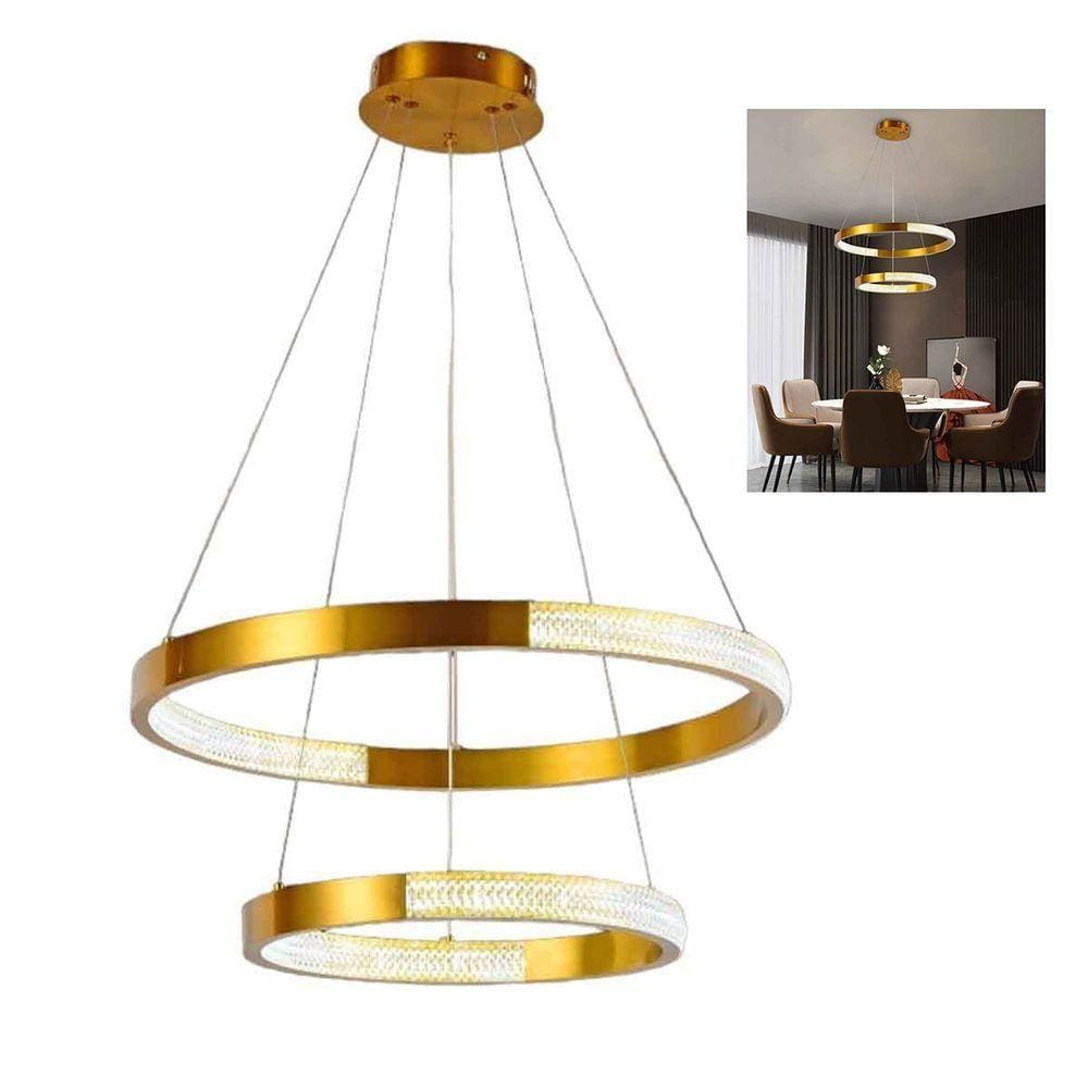 Lustre Pendente 2 Aneis Arco Cristal Dourado Luminaria 52w Led Iluminaçao Ambiente Sala De Estar