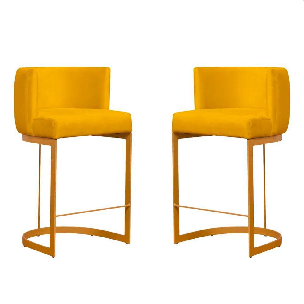 Kit 2 Banquetas Emília Decorativas para Cozinha em Suede Amarelo com Base Dourada Speciale Home