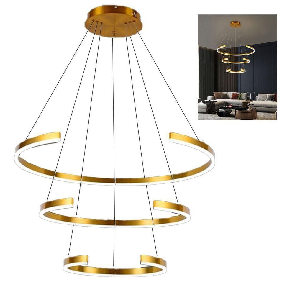 Lustre Luminaria Arco 3 Aneis Pendente Led Perfil Dourado Ambiente Sala De Jantar Restaurante Casa