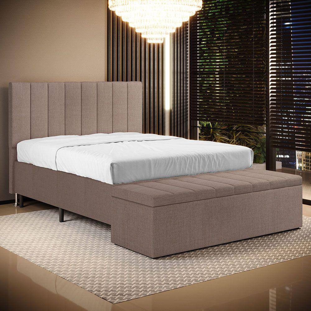 Cabeceira Nashira e Calçadeira Navi 140 para Cama de Casal N-042 Linho Marrom Aradecor