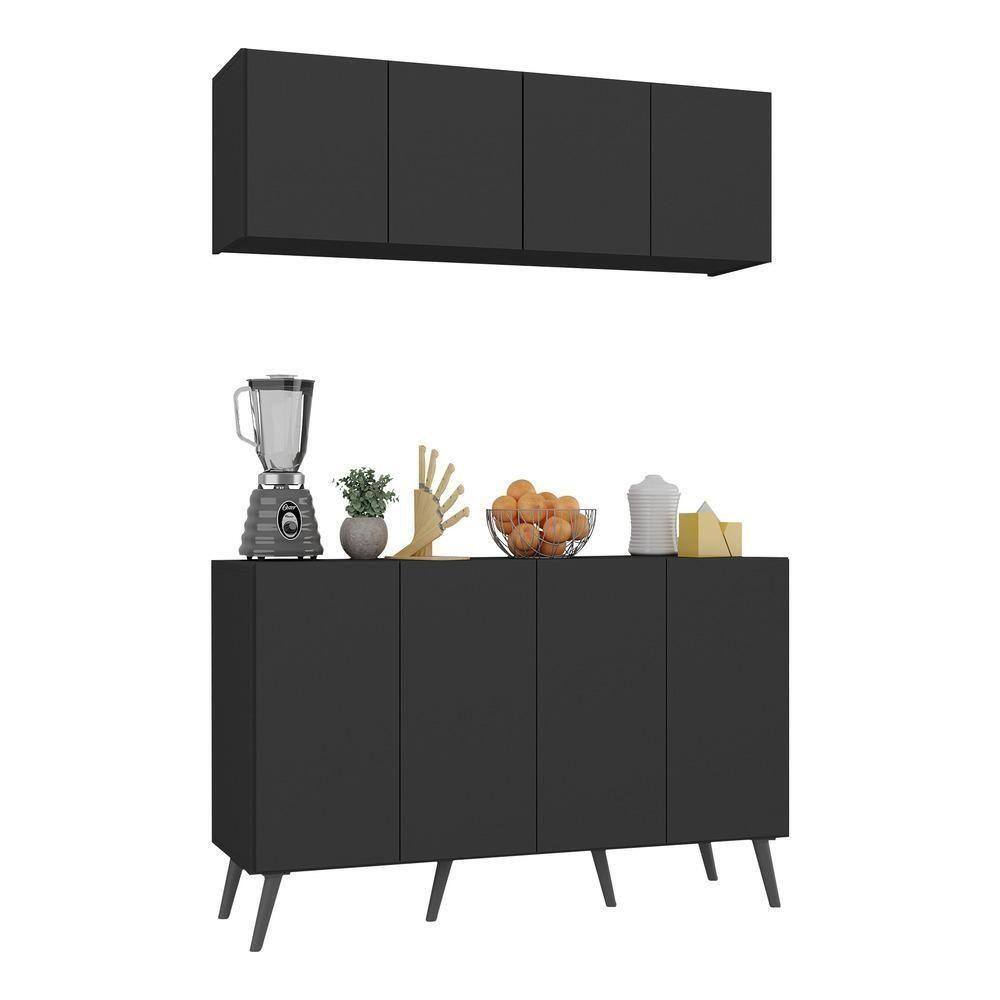 Kit Armário De Cozinha Aéreo E Balcão 4 Portas Retrô Multimóveis Mp2170 Preto Preto
