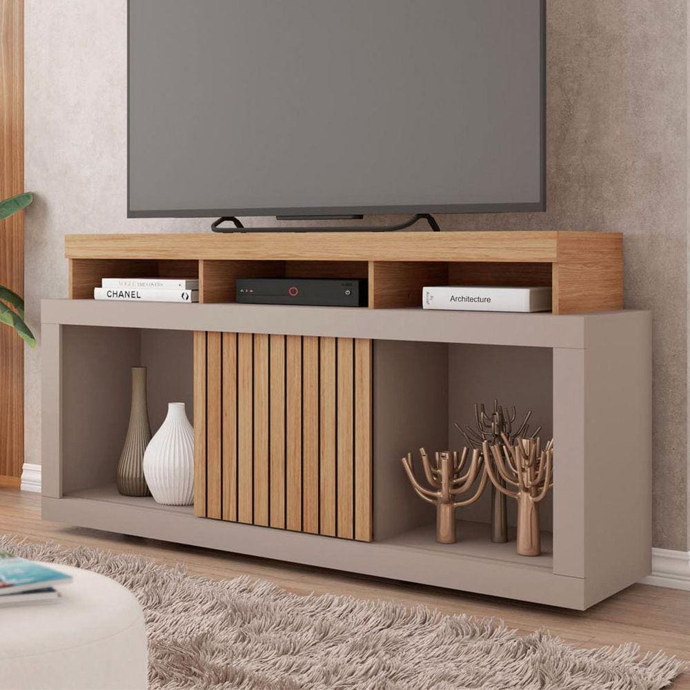 Rack para TV Até 55 Polegadas Dragon 1 Porta Ripada Marrom/Cinza - Caemmun