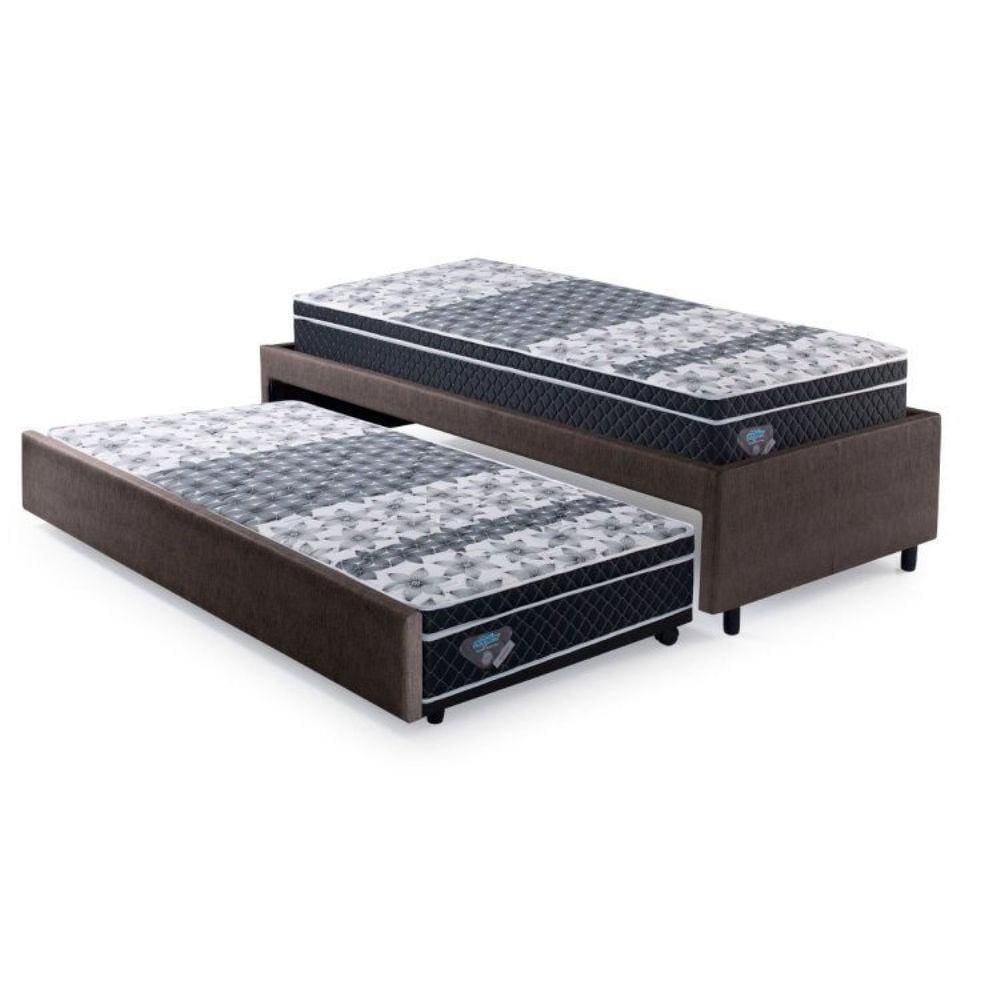 Bicama Box Solteiro 88x188cm Courino com Dois Colchões Gran Sleep Molas Verticoil Ecoflex Marrom/Preto