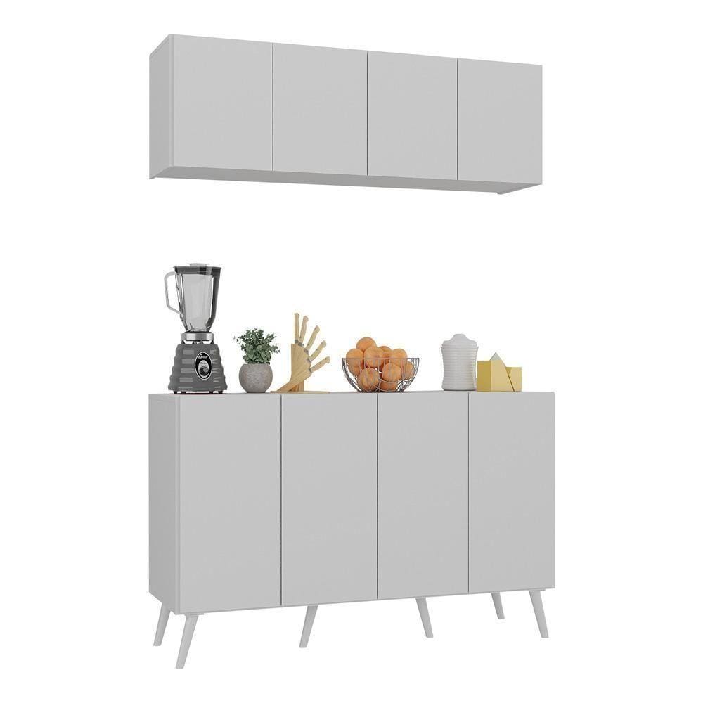 Kit Armário De Cozinha Aéreo E Balcão 4 Portas Retrô Multimóveis Mp2170 Branco Branco