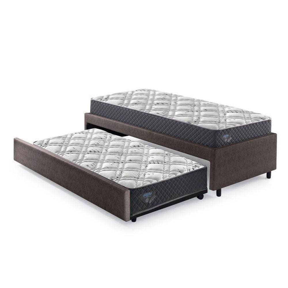Bicama Box Solteiro 88x188cm Courino com Dois Colchões Adapto Molas Ensacadas Ecoflex Marrom/Cinza